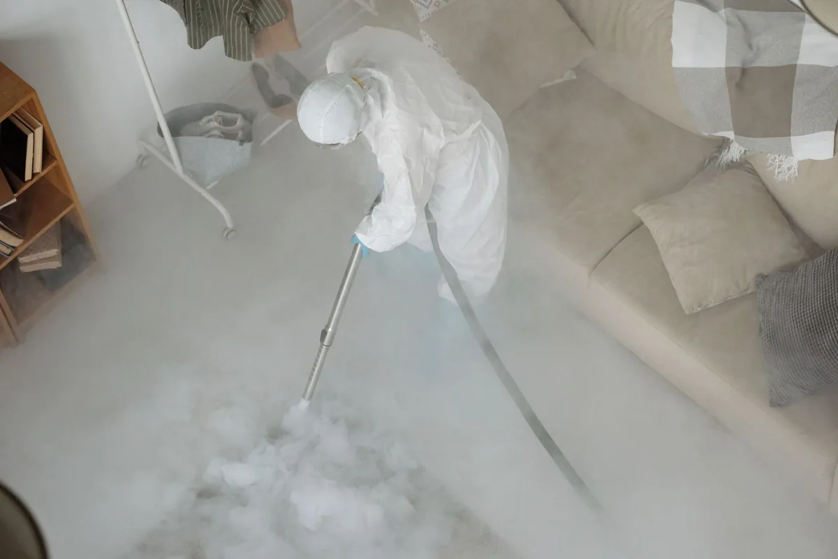 Biohazard cleanup technician in protective equipment, Apalachee Ridge Estates, Tallahassee, FL